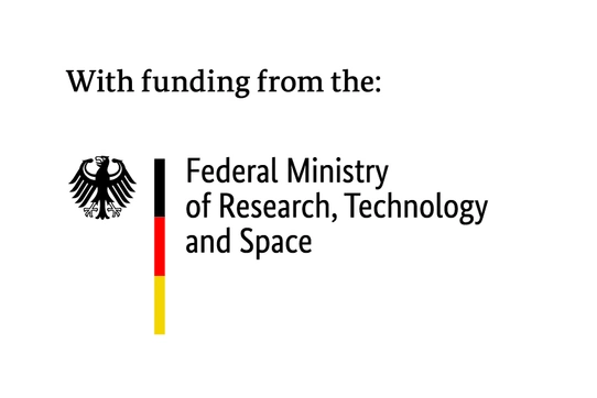 Illustration of the logo of the Federal Ministry of Research, Technology and Space with the federal eagle on the left, a vertical line in black, red and gold and the name of the federal ministry on the Right