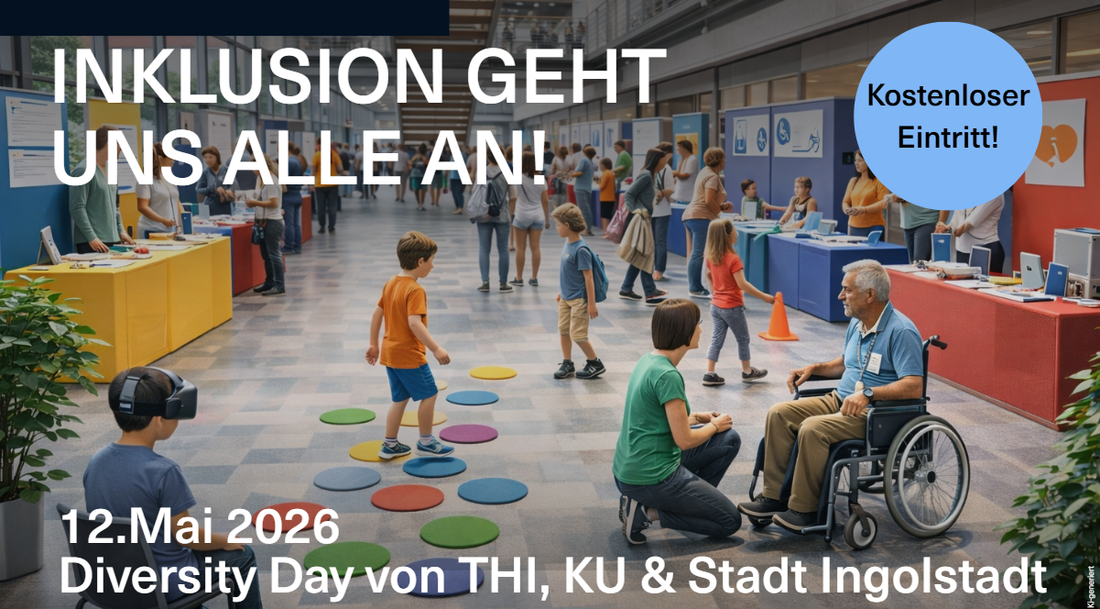 KI-generiertes BIld der Aula der THI mit Kindern, alten oder behinderten Menschen, Infoständen